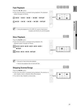 Page 31
1
ENg

●  PlAYBACK

Fast Playback  BAD
Press the (, ) button.
Each time the button is pressed during playback, the playback 
speed changes as follows:
 ( 2X   ( 4X  ( 8X    ( 32X     PlAY
 ) 2X    ) 4X    ) 8X    ) 32X     PlAY
 During fast playback of a CD or MP3-CD, sound is heard only at 
2x speed, and not at 4x, 8x, and 32x speeds.
Slow Playback  D
Press the SlOW button.
Each time the button is pressed during playback, the 
playback speed changes as follows:...