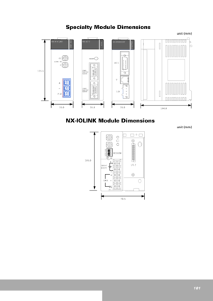 Page 101101
Specialty Module Dimensions
NX-IOLINK Module Dimensions
115 .5
35.0
RS232C COM1
RS485
RS232C COM2
RS485RESET
104 .0
AU I
T
12V
35.035.0
LINK NO00
0
FG
- +
+
-
F.G
NX-MWLINKMW LINKNX-SC USCUNX-ETHER N ETEtherN et
unit (mm)
+
-
FG
LINE
4
3
2
1
OFF
ON
MODE SW
24V D C
INPUT+
-105.0
70.5
unit (mm)
 