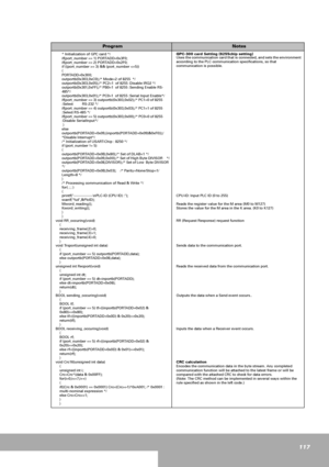 Page 117117
ProgramNotes
* Initialization of GPC card */
if(port_number == 1) PORTADD=0x3F0;
if(port_number == 2) PORTADD=0x2F0;
if ((port_number >= 3) && (port_number 1)^0xA001; /* 0x0001 :  
    multi-nominal expression */
    else Crc=Crc>>1;
    }
    }GPC-300 card Setting (8255chip setting) 
Uses the communication card that is connected, and sets the environment 
according to the PLC communication specifications, so that 
communication is possible.
 
CPU-ID: Input PLC ID (0 to 255) 
Reads the register value...