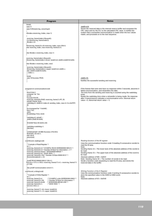 Page 119119
ProgramNotes
   break;
   case 4:
   case 9:if(receiving_occuring())
   {
   if(indexTime_limit)
    {
    watchdog=0; retrialC--;
    JobID=(JobID & 0x05);
    }
    if(!(((Old^New) & 0x02)==0))
    {
    watchdog=watchdog+1;
    Old=New;
    }
    }while((retrialC!=0) && (Success==FALSE));
    if(retrialC==0) ret=1;
    else ret=0;
    return(ret);
    }
void Mword_reading(void)
    {
    /* Example of Read-Register */
    int  i;
    receiving_frame[2]=3;/* EXAMPLE READ WORD(M000-M0127) */...