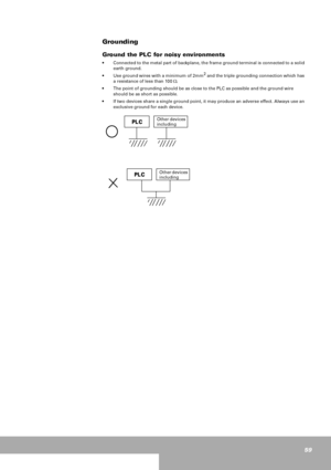 Page 5959
Grounding
Ground the PLC for noisy environments 
 Connected to the metal part of backplane, the frame ground terminal is connected to a solid 
earth ground.
 Use ground wires with a minimum of 2mm
2 and the triple grounding connection which has 
a resistance of less than 100 Ω.
 The point of grounding should be as close to the PLC as possible and the ground wire 
should be as short as possible.
 If two devices share a single ground point, it may produce an adverse effect. Always use an 
exclusive...