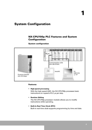 Page 77
1
System Configuration
NX-CPU700p PLC Features and System 
Configuration
System configuration
Features
• High-speed processing 
With the high-speed ASIC, the NX-CPU700p processes basic 
instructions at a speed of 0.2 µs per step.
 Runtime Editing
The NX-CPU700p processor module allows you to modify 
instructions while operating.
 Built-In Real Time Clock (RTC)
Built-in real time clock supports programming by time and date.
POWER
Programmable
Controller
OPEN
INIT
TEST
RUN
RMT
PROG12
39 40 40 392 139...