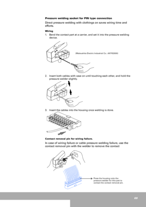 Page 6969
Pressure welding socket for PIN type connection 
Direct pressure welding with clothings on saves wiring time and 
efforts.
Wiring 
1. Bend the contact part at a carrier, and set it into the pressure welding 
device. 
2. Insert both cables with case on until touching each other, and hold the 
pressure welder slightly.
3. Insert the cables into the housing once welding is done.
Contact removal pin for wiring failure.
In case of wiring failure or cable pressure welding failure, use the 
contact removal...