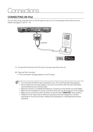 Page 2626
Connections
CONNECTING AN iPod
You can enjoy music, video ﬁ les from an iPod through the main unit. For iPod operation with this Blu-ray home 
theater, see pages 27 and 76 ~ 78.
    Connect the iPod Dock to the iPod Jack on the rear side of the main unit.
  Place the iPod in the dock. 
“iPod Connected” message appears on the TV screen.
 You must have the VIDEO output connected to your TV to view iPod video (See page 25).
As the cable ports are close together, be sure to remove the USB memory drive...