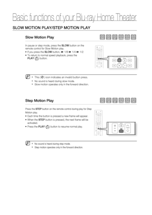 Page 36Basic functions of your Blu-ray Home Theater
36
SLOW MOTION PLAY/STEP MOTION PLAY
Slow Motion Play                                              hgfZCV
In pause or step mode, press the SLOW button on the 
remote control for Slow Motion play.
If you press the SLOW button, 
 1/8  1/4  1/2
To return to normal speed playback, press the 
PLAY (
) button.
This () icon indicates an invalid button press.
 
No sound is heard during slow mode. 
  Slow motion operates only in the forward direction.
Step Motion...