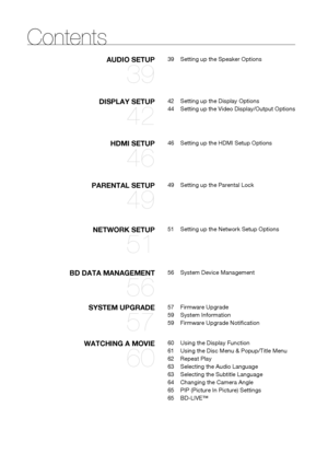 Page 88
DISPLAY SETUP
42
42  Setting up the Display Options
44  Setting up the Video Display/Output Options
HDMI SETUP
46
46  Setting up the HDMI Setup Options
AUDIO SETUP
39
39  Setting up the Speaker Options
PARENTAL SETUP
49
49  Setting up the Parental Lock
NETWORK SETUP
51
51  Setting up the Network Setup Options
BD DATA MANAGEMENT
56
56  System Device Management
SYSTEM UPGRADE
57
57 Firmware Upgrade
59 System Information
59  Firmware Upgrade Noti cation
WATCHING A MOVIE
60
60  Using the Display Function...