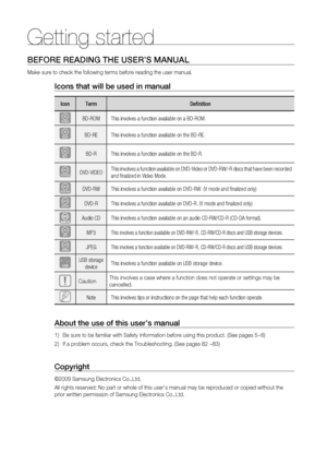 Page 10Getting started
10
BEFORE READING THE USER’S MANUAL
Make sure to check the following terms before reading the user manual.
Icons that will be used in manual
Icon Term Deﬁ nition
hBD-ROM This involves a function available on a BD-ROM.
gBD-RE This involves a function available on the BD-RE.
fBD-R This involves a function available on the BD-R.
ZDVD-VIDEOThis involves a function available on DVD-Video or DVD-RW/-R discs that have been recorded 
and ﬁ nalized in Video Mode.
CDVD-RW This involves a function...