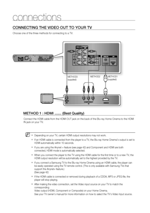 Page 23
22
connections
CONNECTING THE VIDEO OUT TO YOUR TV
Choose one of the three methods for connecting to a TV.
 
  METHOD 1 : HDMI ....... (Best Quality)
Connect the HDMI cable from the HDMI OUT jack on the back of the Blu-ray\
 Home Cinema to the HDMI 
IN jack on your TV.
Depending on your TV, certain HDMI output resolutions may not work.
If an HDMI cable is connected from the player to a TV, the Blu-ray Home \
Cinema’s output is set to 
HDMI automatically within 10 seconds.
If you are using the Anynet +...