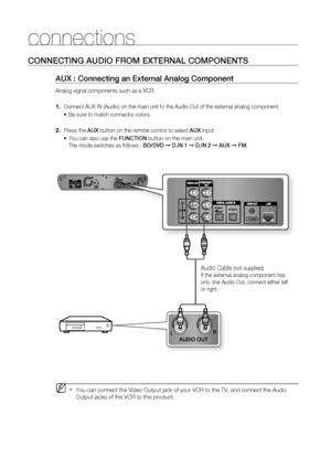 Page 25
24
connections
CONNECTING AUDIO FROM EXTERNAL COMPONENTS
AUX : Connecting an External Analog Component
Analog signal components such as a VCR.      Connect AUX IN (Audio) on the main unit to the Audio Out of the extern\
al analog component.
 
Be sure to match connector colors.
 
Press the  AUX button on the remote control to select  AUX input. 
You can also use the  FUNCTION button on the main unit.
The mode switches as follows :  BD/DVD ➞ D.IN 1  ➞  D.IN 2  ➞  AUX  ➞  FM .
  
You can connect the Video...