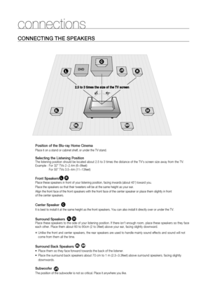 Page 21
20
connections
CONNECTING THE SPEAKERS
Position of the Blu-ray Home Cinema
Place it on a stand or cabinet shelf, or under the TV stand.
Selecting the Listening PositionThe listening position should be located about 2.5 to 3 times the distan\
ce of the TVs screen size away from the TV. 
Example :  For 32 TVs 2~2.4m (6~8feet)     
For 55 TVs 3.5~4m (11~13feet)
Front SpeakerseiPlace these speakers in front of your listening position, facing inwards\
 (about 45°) toward you.
Place the speakers so that their...