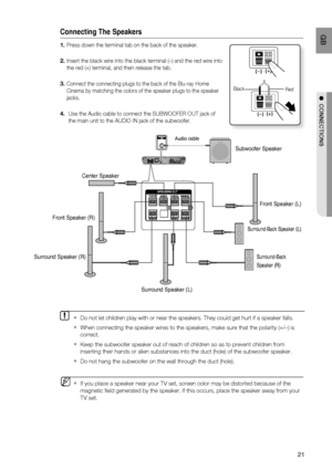 Page 22
21
 GB
●  CONNECTIONS
Connecting The Speakers
   Press down the terminal tab on the back of the speaker. 
  Insert the black wire into the black terminal (–) and the red wir\
e into    
  the red (+) terminal, and then release the tab.
  Connect the connecting plugs to the back of the Blu-ray Home
  Cinema by matching the colors of the speaker plugs to the speaker
  jacks.
Use the Audio cable to connect the SUBWOOFER OUT jack of 
the main unit to the AUDIO IN jack of the subwoofer. 
1.
2.
3.
4....