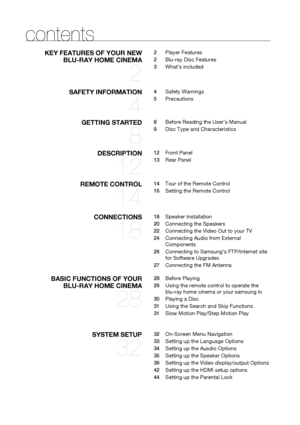 Page 7
6
contents
KEY FEATURES OF YOUR NEW BLU-RAY HOME CINEMA
2
2 Player Features
2   Blu-ray Disc Features
3  What’s included
SAFETY INFORMATION
4
4 Safety Warnings
5  Precautions
GETTING STARTED
8
8  Before Reading the User’s Manual
9   Disc Type and Characteristics
DESCRIPTION
12
12  Front Panel
13  Rear Panel
REMOTE CONTROL
14
14  Tour of the Remote Control
16   Setting the Remote Control
CONNECTIONS
18
18 Speaker Installation
20   Connecting the Speakers
22   Connecting the Video Out to your TV
24...