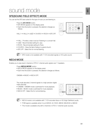 Page 62
 GB
sound mode
SFE(SOUND FIELD EFFECT) MODE
You can set the SFE best suited for the type of music you are listening \
to.Press the SFE MODE  button.
SFE MODE appears on the display panel.
 Each time the button is pressed, the selection changes as
 follows
HALL1  ➞ HALL2  ➞ JAZZ  ➞ CHURCH  ➞ ROCK  ➞ SFE OFF.
HALL : Provides a clear vocal as if listening in a concert hall.
JAZZ : Recommended setting for Jazz.
ROCK : Recommended setting for Rock.
CHURCH : Gives the feel of being in a grand church. 
SFE OFF...