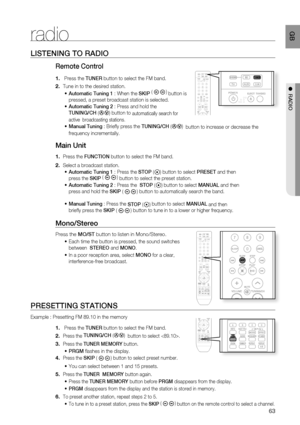 Page 64
 GB
LISTENING TO RADIO
Remote Control 
 Press the TUNER button to select the FM band.
Tune in to the desired station. Automatic Tuning 1  : When the SKIP (
) 
button is 
pressed, a preset broadcast station is selected.
Automatic Tuning 2  : Press and hold the 
TUNING/CH  (
) button to automatically search for 
active  broadcasting stations.
 
Manual Tuning  : Brieﬂ y press the  TUNING/CH (
)  
button to increase or decrease the 
frequency incrementally.
Main Unit
Press the  FUNCTION  button to select...