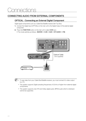 Page 26
6

Connections

CONNECTING AUDIO FROM EXTERNAL COMPONENTS
OPTICAL : Connecting an External Digital Component
Digital signal components such as a Cable Box/Satellite receiver (Set-Top Box).
     Connect the Digital Input (OPTICAL) on the main unit to the Digital Output of the external digital 
component.
 Press the FUNCTION button on the main unit to select D.IN input.
The mode switches as follows : BD/DVD ➞ D.IN ➞ AUX ➞ BT AUDIO ➞ FM.
To see video from your Cable Box/Satellite receiver, you must...