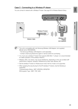 Page 29

ENG

●  CONNECTIONS

Case 2 : Connecting to a Wireless IP sharer
You can connect to network with a Wireless IP sharer. See page 50 for Wireless Network Setup.
This unit is compatible with only Samsung Wireless LAN Adapter. (not supplied)
(Model name: WIS09ABGN). 
- The Samsung Wireless LAN Adapter is sold separately.
- Contact a Samsung Electronics agent or service centre for purchasing.
You must use a wireless IP sharer that supports IEEE 802.11 a/b/g/n. (n is recommended 
for stable...