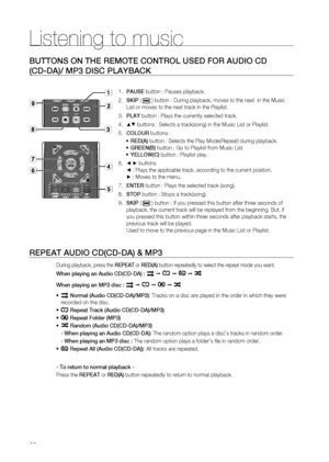 Page 66
Listening to music 
66

ButtonS on thE REmotE contRol uSED FoR auDio cD 
(cD-Da)/ mP3 DiSc PlayBack
P au SE button : Pauses playback. 
S ki P
 (  ) button : During playback, moves to the next  in the Music 
List or moves to the next track in the Playlist.
Play
 button : Plays the currently selected track.
▲▼ buttons : Selects a track(song) in the Music List or Playlist.
colou R
 buttons
RED( a)
 button : Selects the Play Mode(Repeat) during playback.
GREE n(B)
 button : Go to Playlist from Music List.
y...