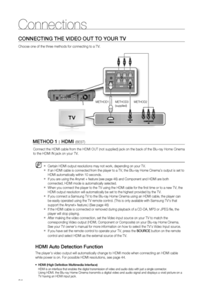 Page 24
24
Connections
CONNECTING THE VIDEO OUT TO YOUR TV
Choose one of the three methods for connecting to a TV.
 
 
       METHOD 1 : HDMI 
(BEST)
Connect the HDMI cable from the HDMI OUT (not supplied) jack on the ba\
ck of the 
Blu-ray Home Cinema 
to the HDMI IN jack on your TV.
Certain HDMI output resolutions may not work, depending on your TV.
If an HDMI cable is connected from the player to a TV, the Blu-ray Home \
Cinema’s output is set to 
HDMI automatically within 10 seconds.
If you are using the...