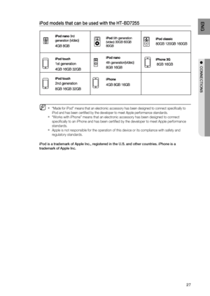 Page 27
27
ENG
●  CONNECTIONS
iPod models that can be used with the HT-BD7255
“Made for iPod” means that an electronic accessory has been design\
ed to connect speciﬁcally to 
iPod and has been certiﬁed by the developer to meet Apple performance\
 standards.
“Works with iPhone” means that an electronic accessory has been de\
signed to connect 
speciﬁcally to an iPhone and has been certiﬁed by the developer to\
 meet Apple performance 
standards.
Apple is not responsible for the operation of this device or its...