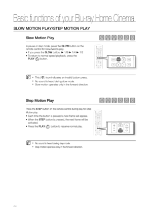 Page 36
Basic functions of your Blu-ray Home Cinema
36
SLOW MOTION PLAY/STEP MOTION PLAY
Slow Motion Play                                              hgfZCV
In pause or step mode, press the SLOW button on the 
remote control for Slow Motion play.
If you press the  SLOW button, 
 1/8  1/4  1/2
To return to normal speed playback, press the 
PLAY  (
) button.
This () icon indicates an invalid button press.
  No sound is heard during slow mode. 
  Slow motion operates only in the forward direction.
Step Motion...