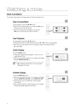 Page 66
Watching a movie
66
DIVX PLAYBACK
The functions discussed on this page apply to DivX disc playback only.
Skip Forward/Back D
During playback, press the #, $  button.
Goes to the next ﬁ le whenever you press the 
$ button, 
if there are over 2 ﬁ les on the disc. 
Goes to the previous ﬁ le whenever you press the 
# button, if there are over 2 ﬁ les on the disc.
Fast Playback      D
During playback, press the  , \b  button.
To play back the disc at a faster speed, press the   or  \b button during...