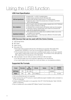 Page 76
Using the USB function
76
USB Host Speci cation 
USB Host Speciﬁ cation



FAT16, FAT32)  le system.
Non-compliance 
  Does not support a device that requires installing a separate driver on \
the PC (Windows).


A USB device that is connected using the USB extension cable may not be \
recognized.

player with the separate power connection.
Operational Limitations 
(or partition) can be connected.
 depending on the device.
USB Devices that can be used with the Home Cinema
USB Storage Device
MP3 Player...