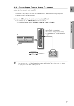 Page 27
27
ENG
●  CONNECTIONS
AUX : Connecting an External Analog Component
Analog signal components such as a VCR.
      Connect AUX IN (Audio) on the main unit to the Audio Out of the extern\
al analog component.
 
Be sure to match connector colors.
 
Press the  AUX button on the remote control to select  AUX input. 
You can also use the  FUNCTION button on the main unit.
The mode switches as follows :  BD/DVD ➞ DIGITAL  ➞  AUX  ➞  TUNER .
  
You can connect the Video Output jack of your VCR to the TV, and...