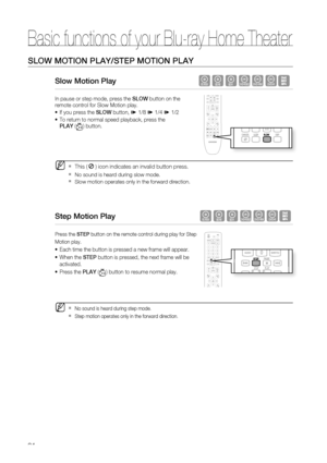 Page 34
Basic functions of your Blu-ray Home Theater
34
SLOW MOTION PLAY/STEP MOTION PLAY
Slow Motion Play                                       hgfZCV
In pause or step mode, press the SLOW button on the 
remote control for Slow Motion play.
If you press the  SLOW button, 
 1/8  1/4  1/2
To return to normal speed playback, press the 
PLAY  (
) button.
This () icon indicates an invalid button press.
  No sound is heard during slow mode. 
  Slow motion operates only in the forward direction.
Step Motion Play...