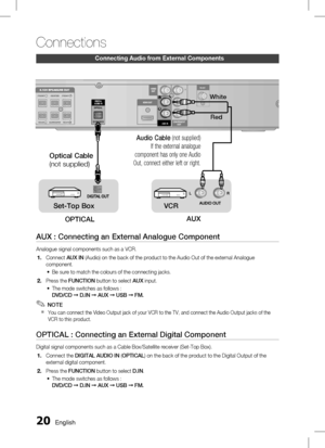 Page 200 English
Connections
English 1
Connecting Audio from external Components
AUX : Connecting an External Analogue Component
Analogue signal components such as a VCR.Connect  AUX IN (Audio) on the back of the product to the Audio Out of the external Analogue 
component. 
Be sure to match the colours of the connecting jacks.
Press the  FUNCTION  button to select  AUX input. 
The mode switches as follows : 
DVD/CD  ➞ D.IN  ➞ AUX  ➞ USB  ➞ FM.
   NOTE
You can connect the Video Output jack of your VCR...