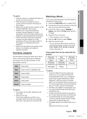 Page 41English 41
05 Advanced Functions
NOTE
Adjust the volume to a moderate level before you 
connect your iPod and product.
When the product is powered on and you 
connect an iPod, the product will charge your 
iPod's battery.
Make sure to connect the dock connector so that 
the label “SAMSUNG” faces upward.
“Made for iPod” means that an electronic 
accessory has been designed to connect 
speciﬁ cally to iPod and has been certiﬁ ed by the 
developer to meet Apple performance standards.
“Works with iPhone”...