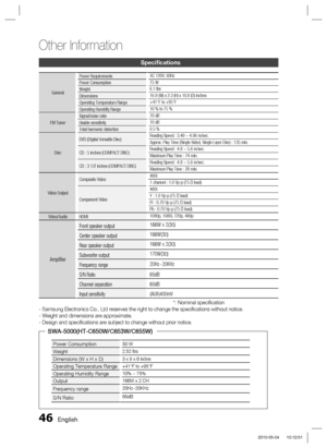 Page 4646 English
Other Information 
Speciﬁ cations
General Power Requirements AC 120V, 60Hz 
Power Consumption75 W
Weight6.1 Ibs
Dimensions16.9 (W) x 2.3 (H) x 10.8 (D) inches
Operating Temperature Range+41°F to +95°F
Operating Humidity Range10 % to 75 %
FM TunerSignal/noise ratio70 dB
Usable sensitivity10 dB
Total harmonic distortion0.5 %
DiscDVD (Digital Versatile Disc)Reading Speed : 3.49 ~ 4.06 m/sec.
Approx. Play Time (Single Sided, Single Layer Disc) : 135 min.
CD : 5 inches (COMPACT DISC)Reading Speed :...