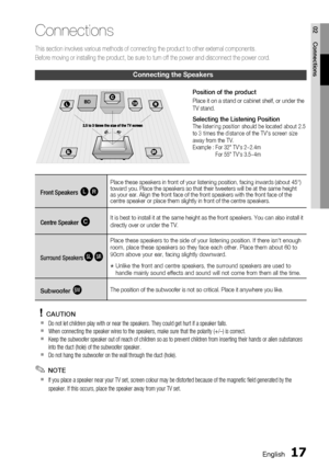 Page 17
English 17
02 Connections
This section involves various methods of connecting the product to other\
 external components. 
Before moving or installing the product, be sure to turn off the power a\
nd disconnect the power cord.
Connecting the Speakers
Front Speakers ei
Place these speakers in front of your listening position, facing inwards\
 (about 45°) 
toward you. Place the speakers so that their tweeters will be at the same height 
as your ear. Align the front face of the front speakers with the...