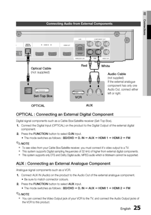 Page 25
English 25
02 Connections
Connecting Audio from External Components
OPTICAL : Connecting an External Digital Component
Digital signal components such as a Cable Box/Satellite receiver (Set-T\
op Box).
Connect the Digital Input (OPTICAL) on the product to the Digital Outp\
ut of the external digital 
component.
  Press the FUNCTION  button to select  D.IN input.
The mode switches as follows :  BD/DVD  D. IN   AUX   HDMI 1   HDMI 2   FM
NOTE
To see video from your Cable Box/Satellite receiver, you...