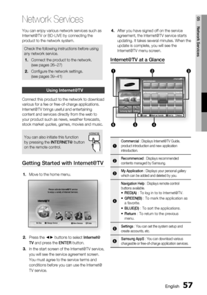 Page 57
English 57
05 Network Services
You can enjoy various network services such as 
Internet@TV or BD-LIVE by connecting the 
product to the network system.
Check the following instructions before using 
any network service.Connect the product to the network.
(see pages 26~27)
Conﬁ gure the network settings. 
(see pages 39~41)
1.
2.
Using Internet@TV
Connect this product to the network to download 
various for a fee or free-of-charge applications. 
Internet@TV brings useful and entertaining 
content and...