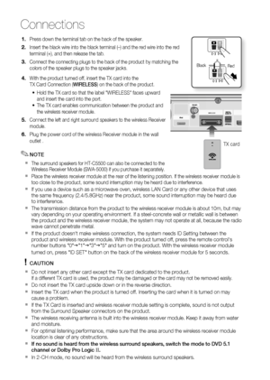 Page 22
22 English
Connections
Press down the terminal tab on the back of the speaker.
Insert the black wire into the black terminal (–) and the red wire \
into the red 
terminal (+), and then release the tab.
Connect the connecting plugs to the back of the product by matching the 
colors of the speaker plugs to the speaker jacks.
With the product turned off, insert the TX card into the 
TX Card Connection (WIRELESS) on the back of the product.
Hold the TX card so that the label "WIRELESS" faces upward...