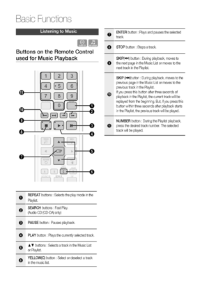 Page 50
50 English
Basic Functions
Listening to Music
ow
Buttons on the Remote Control 
used for Music Playback
DSP
TOOLS
RETURN EXIT
INFO
ABCD
TUNER 
MEMORY
INTERNET  MO/ST@DSP
TOOLS
RETURNEXIT
INFO
ABD
TUNER MEMORY
INTERNET
MO/ST
@
REPEAT
FULL SCREEN
123
456
78
09
FULL SCREEN
4
6 2
3
0
8
7
!
9
1
5
1REPEAT
 buttons : Selects the play mode in the
Playlist.
2SEARCH  buttons : Fast Play. 
(Audio CD (CD-DA) only)
3PAUSE  button : Pauses playback.
4PLAY button : Plays the currently selected track.
5▲▼ buttons :...