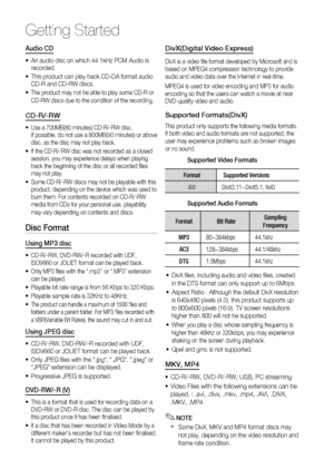 Page 10
10 English
Getting Started
Audio CD
An audio disc on which 44.1kHz PCM Audio is 
recorded. 
This product can play back CD-DA format audio 
CD-R and CD-RW discs. 
The product may not be able to play some CD-R or 
CD-RW discs due to the condition of the recording. 
CD-R/-RW
Use a 700MB(80 minutes) CD-R/-RW disc. 
If possible, do not use a 800MB(90 minutes) or above 
disc, as the disc may not play back.
If the CD-R/-RW disc was not recorded as a closed 
session, you may experience delays when playing 
back...