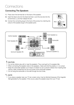 Page 18
18 English
Connections
Connecting The Speakers
Press down the terminal tab on the back of the speaker. 
Insert the black wire into the black terminal (–) and the red wire \
into the 
red terminal (+), and then release the tab.
Connect the connecting plugs to the back of the product by matching the \
colours of the speaker plugs to the speaker jacks.
1.
2.
3.
BlackRed
FM ANTiPodSPEAKER IMPEDANCE : 3 
FM ANTiPodSPEAKER IMPEDANCE : 3 
SPEAKER IMPEDANCE : 3 
Front Speaker (R)Subwoofer 
Surround Speaker (R)...