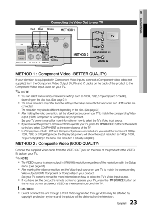 Page 23
English 23
02 Connections
METHOD 1 : Component Video  (BETTER QUALITY)
If your television is equipped with Component Video inputs, connect a Co\
mponent video cable (not 
supplied) from the Component Video Output (Pr, Pb and Y) Jacks on the\
 back of the product to the 
Component Video Input J
acks on your TV.
 NOTE
You can select from a variety of resolution settings such as 1080i, 720p\
, 576p(480p) and 576i(480i), 
depending on the disc type. (See page 31)
The actual resolution may differ from the...