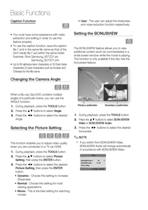 Page 48
48 English
Basic Functions
Caption Function
x
You must have some experience with video 
extraction and editing in order to use this 
feature properly.
To use the caption function, save the caption 
ﬁ le (*.smi) in the same ﬁ le name as that of the 
DivX media ﬁ le (*.avi) within the same folder.
Example. Root Samsung_007CD1.avi
     Samsung_007CD1.smi
Up to 60 alphanumeric characters or 30 East Asian 
characters (2 byte characters such as Korean and 
Chinese) for the ﬁ le name.
Changing the Camera...