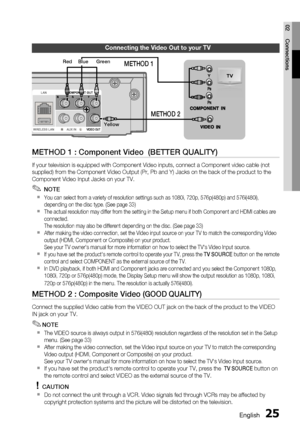 Page 25
English 25
02 Connections
METHOD 1 : Component Video  (BETTER QUALITY)
If your television is equipped with Component Video inputs, connect a Co\
mponent video cable (not 
supplied) from the Component Video Output (Pr, Pb and Y) Jacks on the\
 back of the product to the 
Component Video Input J
acks on your TV.
 NOTE
You can select from a variety of resolution settings such as 1080i, 720p\
, 576p(480p) and 576i(480i), 
depending on the disc type. (See page 33)
The actual resolution may differ from the...