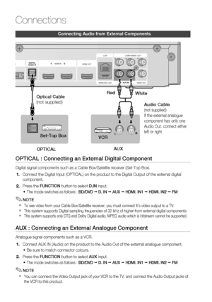 Page 26
26 English
Connections
Connecting Audio from External Components
OPTICAL : Connecting an External Digital Component
Digital signal components such as a Cable Box/Satellite receiver (Set-T\
op Box).
Connect the Digital Input (OPTICAL) on the product to the Digital Outp\
ut of the external digital 
component.
  Press the FUNCTION  button to select  D.IN input.
The mode switches as follows :  BD/DVD  D. IN   AUX   HDMI. IN1   HDMI. IN2   FM
NOTE
To see video from your Cable Box/Satellite receiver, you...