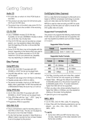 Page 10
10 English
Getting Started
Audio CD
An audio disc on which 44.1kHz PCM Audio is 
recorded. 
This product can play back CD-DA format audio 
CD-R and CD-RW discs. 
The product may not be able to play some CD-R or 
CD-RW discs due to the condition of the recording. 
CD-R/-RW
Use a 700MB(80 minutes) CD-R/-RW disc. 
If possible, do not use a 800MB(90 minutes) or above 
disc, as the disc may not play back.
If the CD-R/-RW disc was not recorded as a closed 
session, you may experience delays when playing 
back...