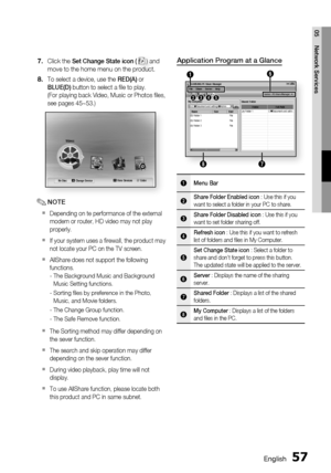 Page 57
 English
English 

05
Network Services

Click the Set Change State icon (  (  ) and 
move to the home menu on the product.
To select a device, use the RED(A) or 
BLUE(D) button to select a fi le to play.
(For playing back Video, Music or Photos fi les, 
see pages 45~53.)
No Disc a Change Device d View Devices " Enter
Videos
NOTE
Depending on te performance of the external 
modem or router, HD video may not play 
properly.
If your system uses a fi rewall, the product may 
not...