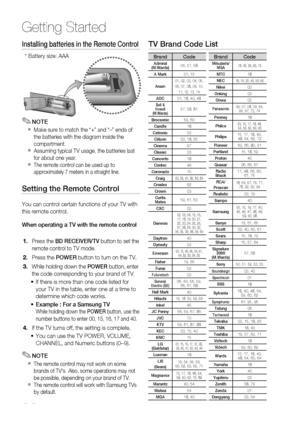 Page 16
1 English

Getting Started
English 1
Installing batteries in the Remote Control
NOTE
Make sure to match the “+” and “–” ends of the batteries with the diagram inside the compartment.Assuming typical TV usage, the batteries last for about one year.The remote control can be used up to approximately 7 meters in a straight line.
Setting the Remote Control
You can control certain functions of your TV with 
this remote control.
When operating a TV with the remote control
Press the BD RECEIVER/TV...