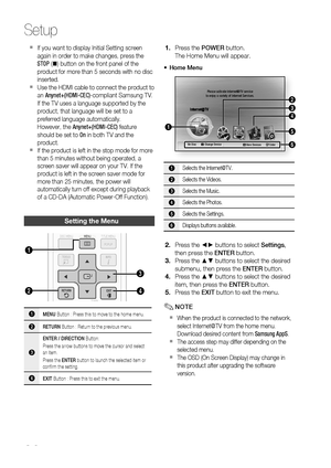 Page 30
0 English
English 1

If you want to display Initial Setting screen 
again in order to make changes, press the 
STOP (@) button on the front panel of the 
product for more than 5 seconds with no disc 
inserted.
Use the HDMI cable to connect the product to 
an Anynet+(HDMI-CEC)-compliant Samsung TV.
If the TV uses a language supported by the 
product, that language will be set to a 
preferred language automatically.
However, the Anynet+(HDMI-CEC) feature 
should be set to On in both TV and the...