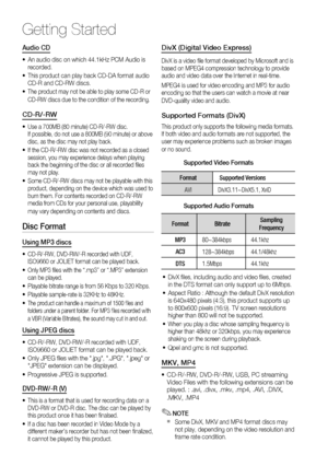 Page 12
12 English
Getting Started
Audio CD
An audio disc on which 44.1kHz PCM Audio is 
recorded. 
This product can play back CD-DA format audio 
CD-R and CD-RW discs. 
The product may not be able to play some CD-R or 
CD-RW discs due to the condition of the recording. 
CD-R/-RW
Use a 700MB (80 minute) CD-R/-RW disc. 
If possible, do not use a 800MB (90 minute) or above 
disc, as the disc may not play back.
If the CD-R/-RW disc was not recorded as a closed 
session, you may experience delays when playing 
back...