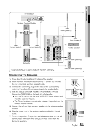 Page 31
English 31
02 Connections
Connecting The Speakers
Press down the terminal tab on the back of the speaker. 
Insert the black wire into the black terminal (–) and the red wire \
into 
the red (+) terminal, and then release the tab.
Connect the connecting plugs to the back of the Subwoofer by 
matching the colors of the speaker plugs to the speaker jacks.
With the product turned off, insert the TX card into the TX Card 
Connection (WIRELESS) on the back of the Subwoofer.Hold the TX card so that the label...