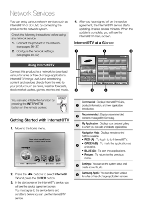 Page 68
68 English
Network Services
You can enjoy various network services such as 
Internet@TV or BD-LIVE by connecting the 
product to the network system.
Check the following instructions before using 
any network service.Connect the product to the network.
(see pages 36~37)
Conﬁ gure the network settings. 
(see pages 49~52)
1.
2.
Using Internet@TV
Connect this product to a network to download 
various for a fee or free-of-charge applications. 
Internet@TV brings useful and entertaining 
content and services...