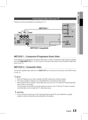 Page 131 EnglishEnglish 1
02 Connections
Connecting the video Out to your Tv
Choose one of the two methods for connecting to a TV.
METHOD 1 : Component (Progressive Scan) Video
If your television is equipped with Component Video inputs, connect a Component video cable (not supplied) 
from the COMPONENT OUT  (P
R, PB and Y) jacks on the back of the product to the Component Video Input 
jacks on your TV. 
METHOD 2 : Composite Video
Connect the supplied Video cable from the  VIDEO OUT jack on the back of...